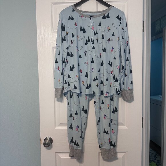 Kate Spade Holiday Christmas Skating Winter Blue Gray Jogger Pajamas Size XL - Picture 1 of 12